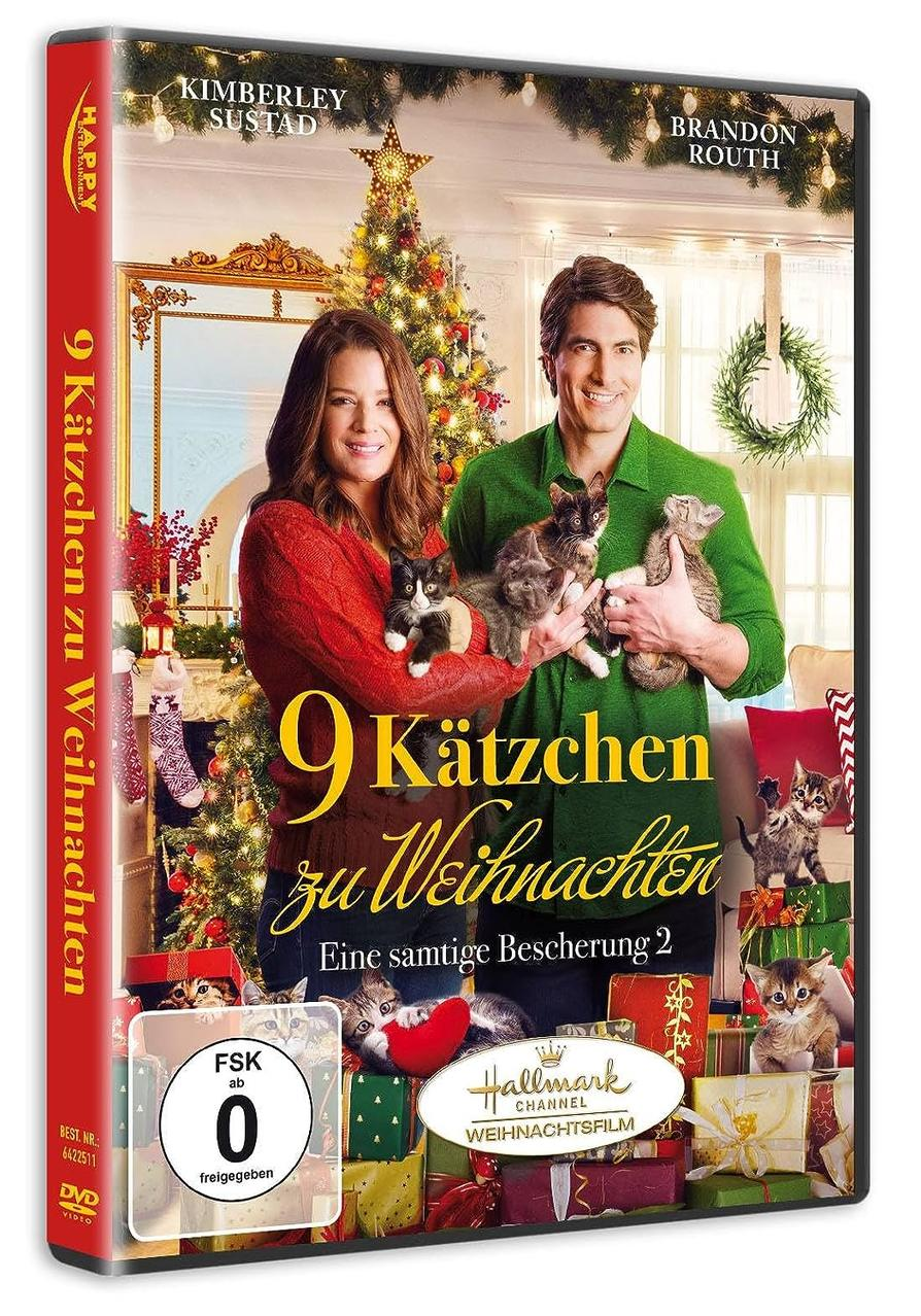 DVD-Cover eines Weihnachtsfilms, mit Menschen, die Kätzchen halten, festliche Dekorationen.