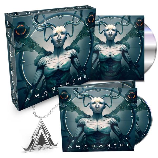 Amaranthe-Albumcover mit zwei weiblichen Figuren mit mechanischen Elementen und einer CD.