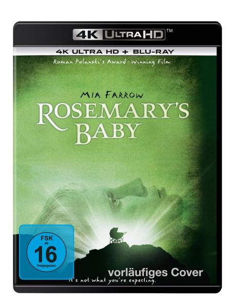 Blu-ray-Hülle für Rosemary's Baby. Mia Farrow auf grünem Hintergrund mit Kinderwagen.