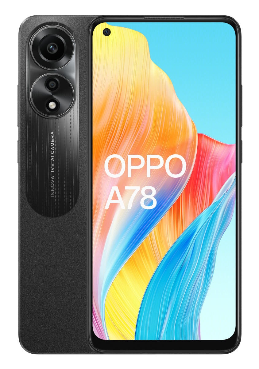 Czarny smartfon z potrójnym aparatem i ekranem z kolorowym abstrakcyjnym wzorem.