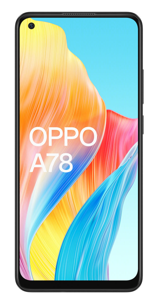 Smartfon OPPO A78 z kolorowym, abstrakcyjnym wzorem na ekranie, tło błękitnego nieba.