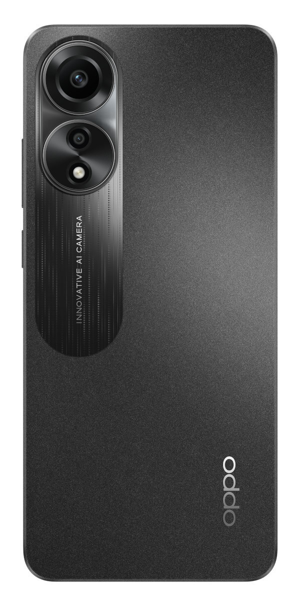 Tył czarnego smartfona z dwoma obiektywami i logo Oppo.