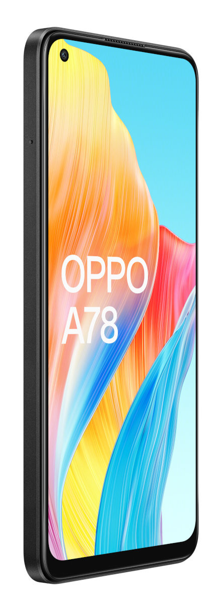 Smartfon OPPO A78. Czarna ramka, kolorowy wyświetlacz, białe tło.