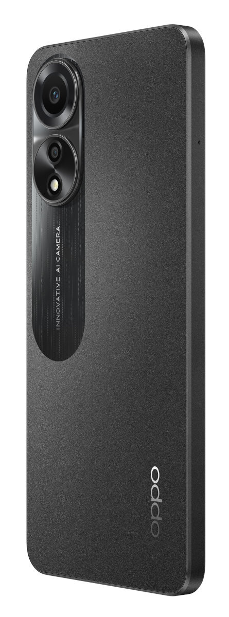 Czarny telefon Oppo z dwoma aparatami na białym tle.