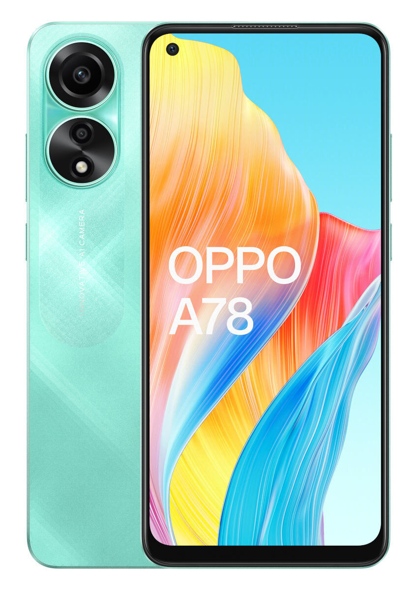 Miętowy telefon z podwójnym aparatem i logo OPPO A78.