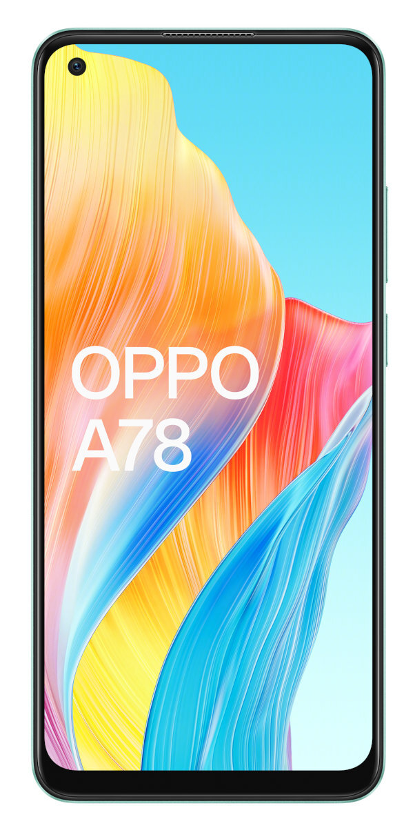 Błękitny smartfon Oppo A78 z kolorowym abstrakcyjnym wzorem na ekranie.