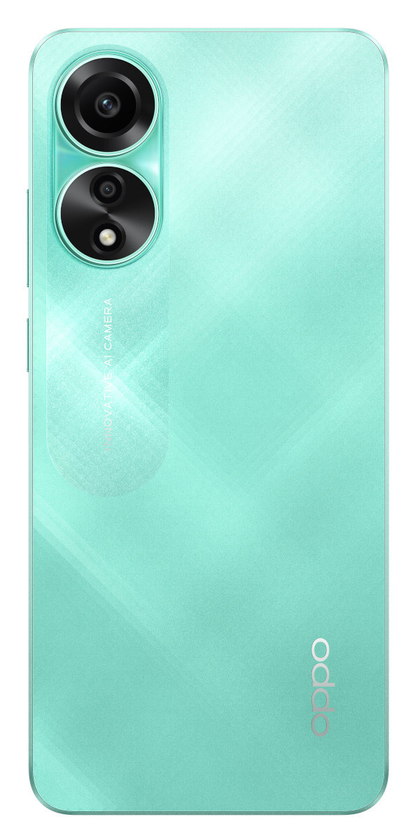 Miętowy tył telefonu Oppo z dwoma aparatami i logo Oppo. Powierzchnia ma delikatny połysk.