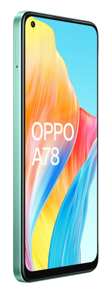Zielony telefon Oppo A78, ekran wyświetla kolory i boczne przyciski.