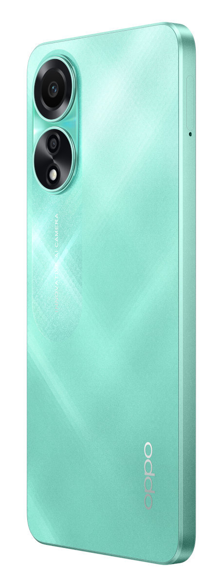 Miętowy smartfon pokazany z boku. Ma podwójny aparat i logo Oppo.