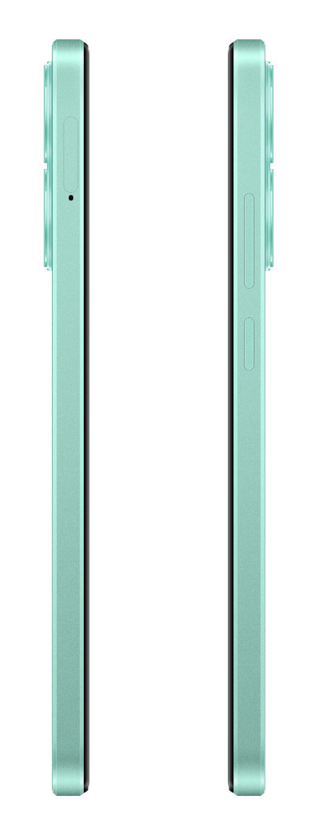 Dwa widoki z boku miętowo-zielonego smartfona, pokazujące przyciski boczne i obiektywy aparatu.