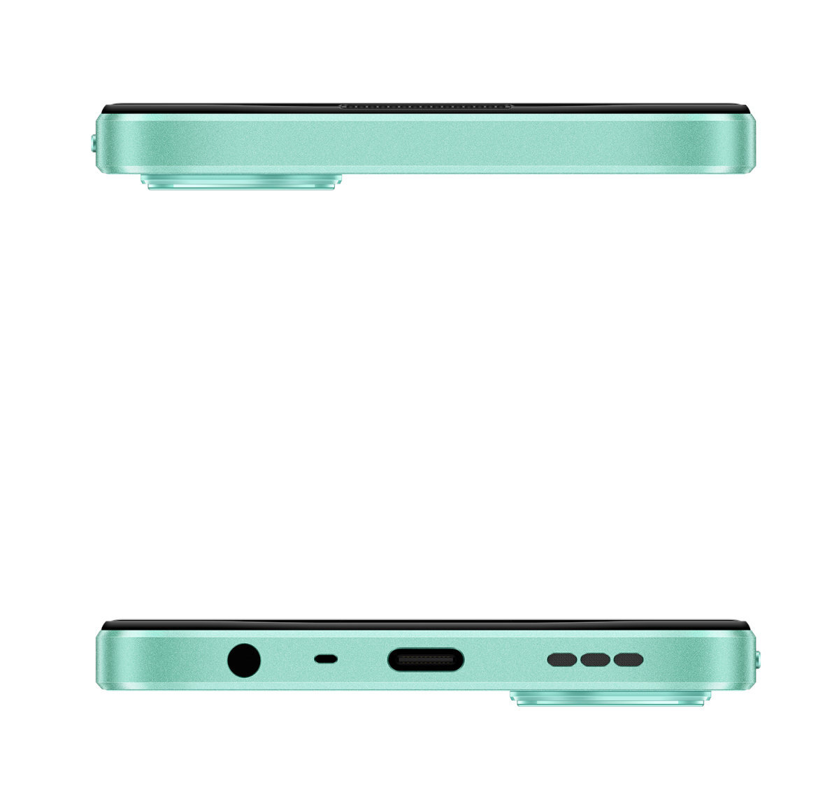 Dwa boki turkusowego telefonu. U góry aparat, na dole porty i gniazdo.