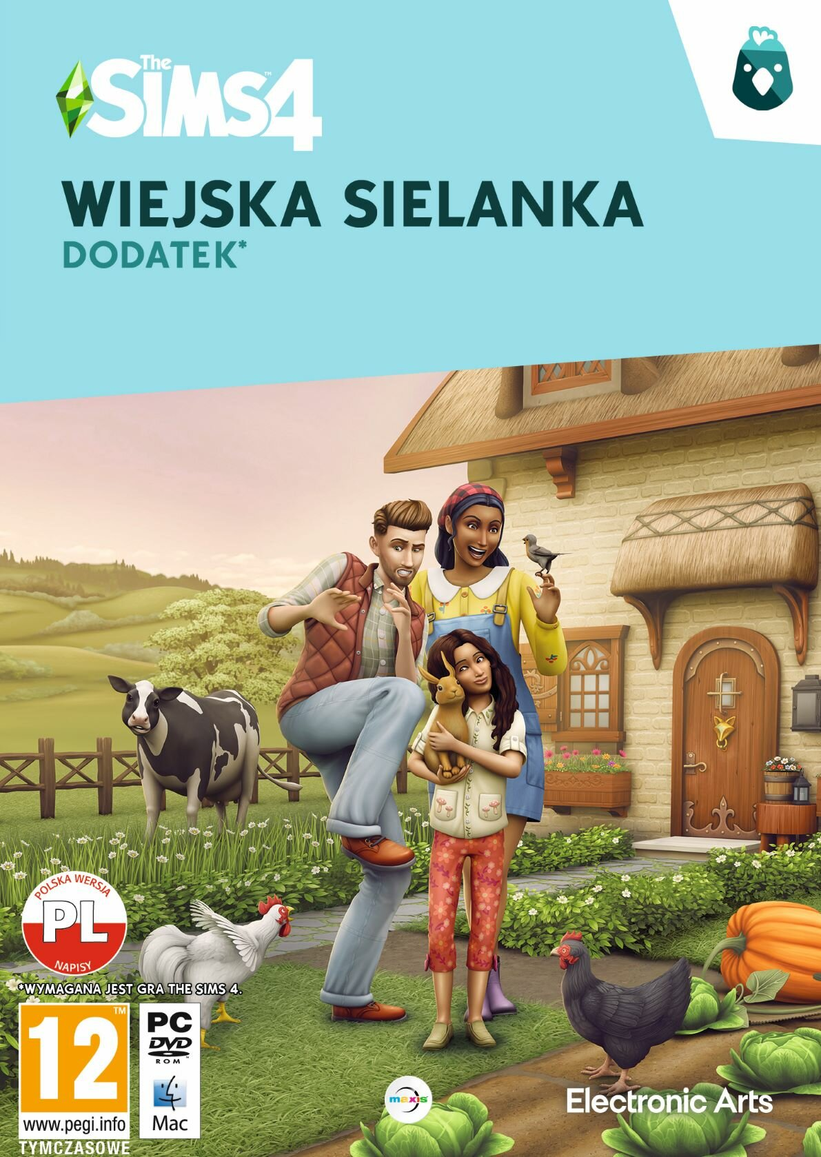 Okładka The Sims 4: Wiejska Sielanka, rodzina, krowa, kurczaki, farma.