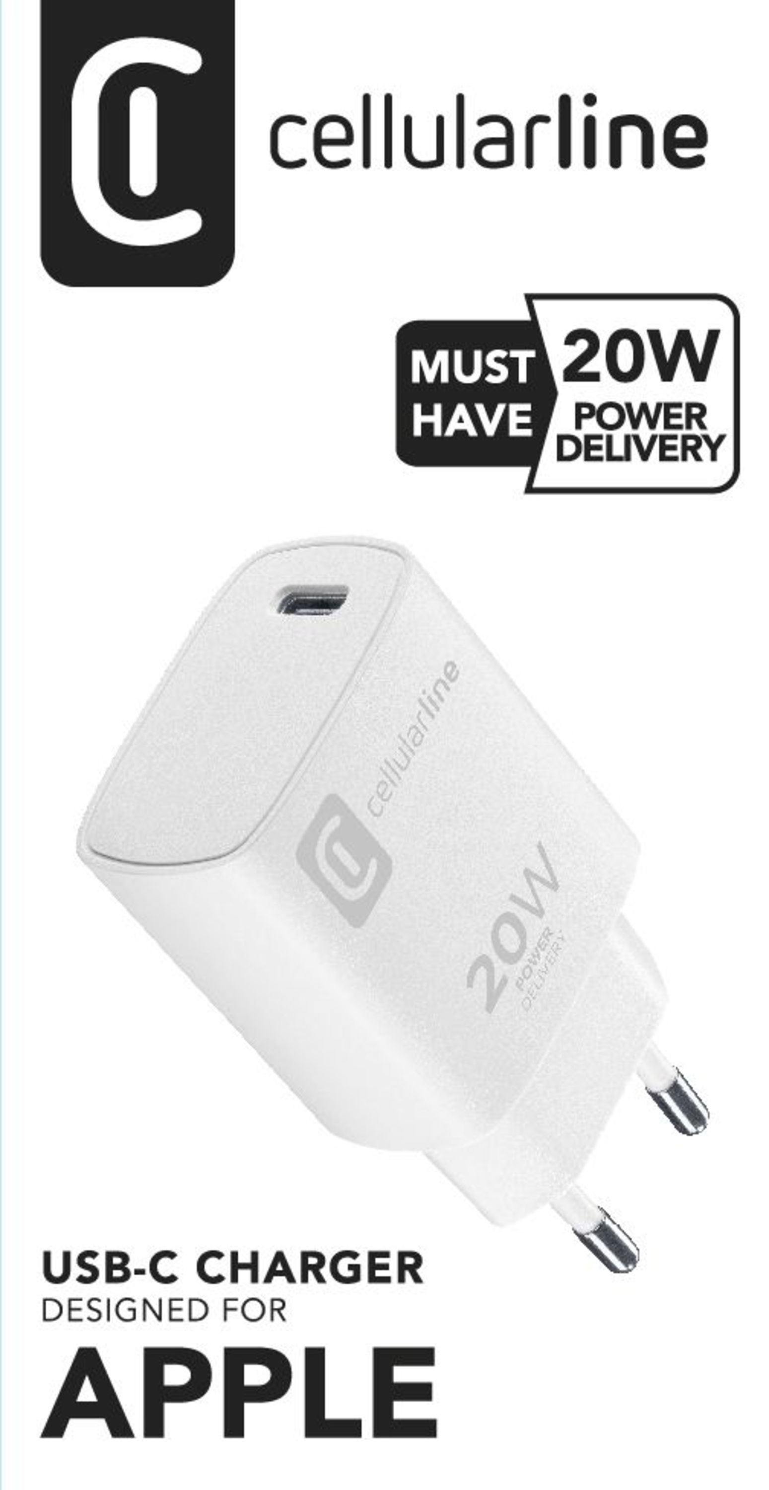 Cargador blanco con puerto USB-C. Diseñado para Apple, con salida de 20W.