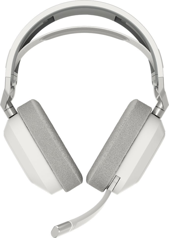 Ein weißes Headset mit Mikrofon und grauen Ohrpolstern.
