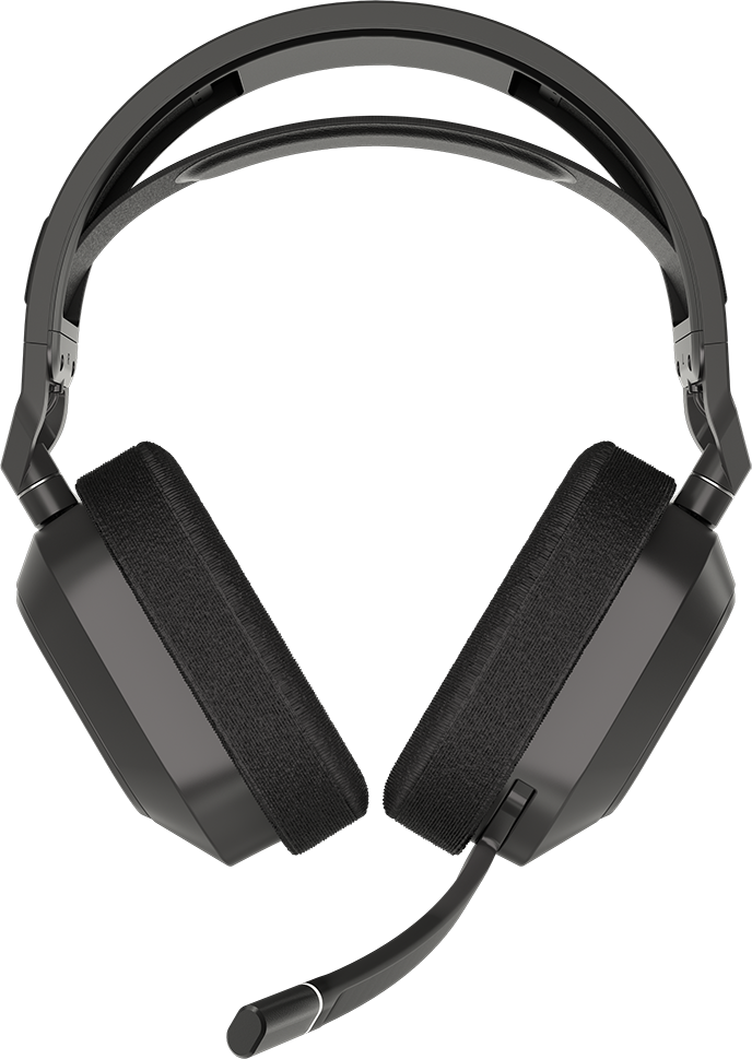 Casque de jeu noir, gros plan, avec microphone, sur fond noir.