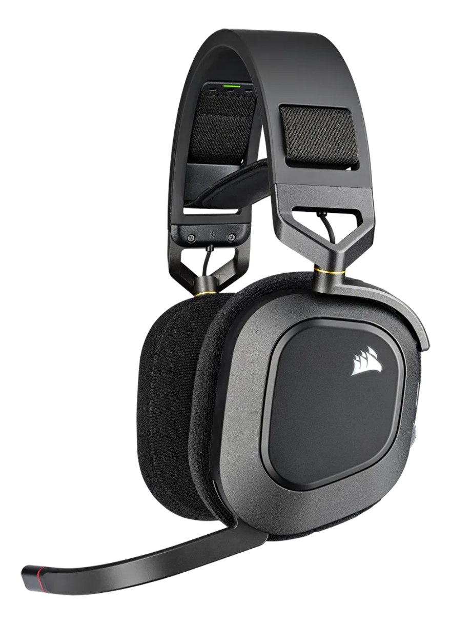 Schwarzes Gaming-Headset mit Mikrofon. Das Corsair-Logo ist sichtbar.