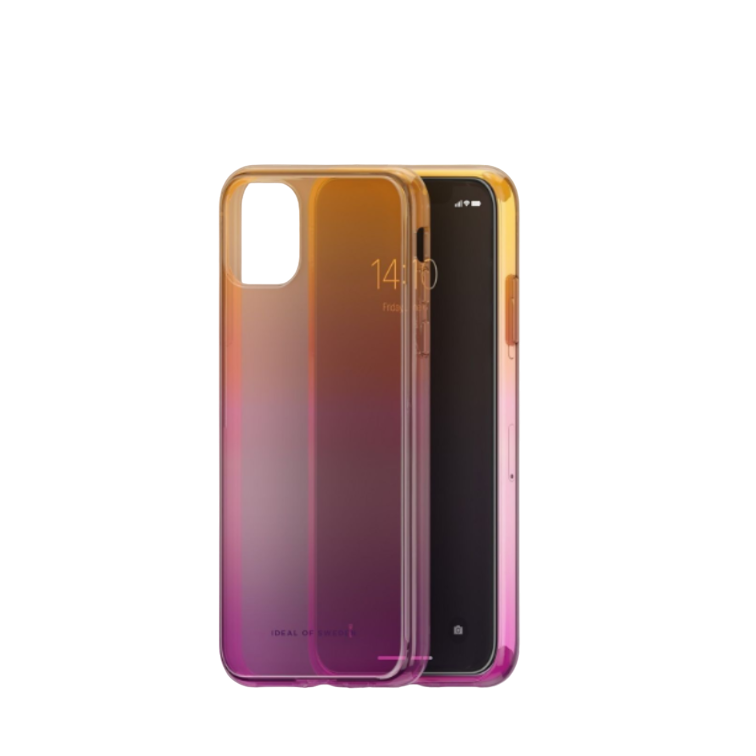 iPhone hoesje. De hoes is transparant met een oranje naar roze verloop. De telefoon is zichtbaar in de hoes.