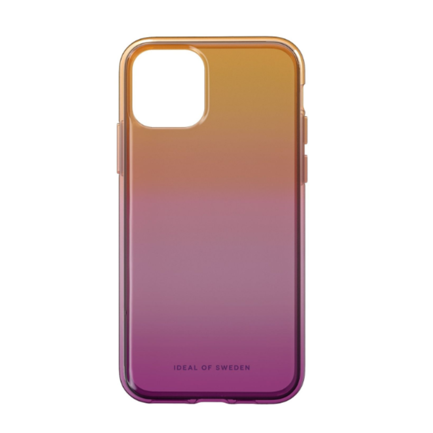Een telefoonhoesje met verloop, van oranje naar paars. De merknaam staat onderaan.