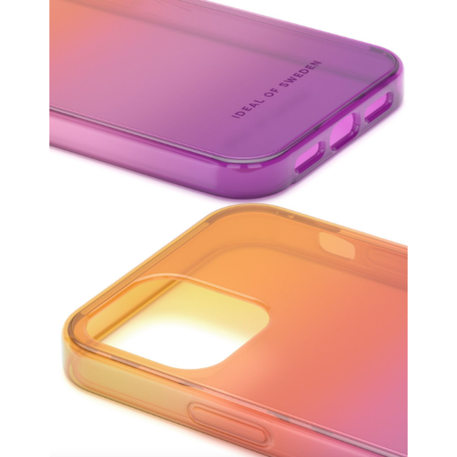 Close-up van twee telefoonhoesjes in een kleurenschema, paars naar roze en oranje naar geel. Ideal logo.