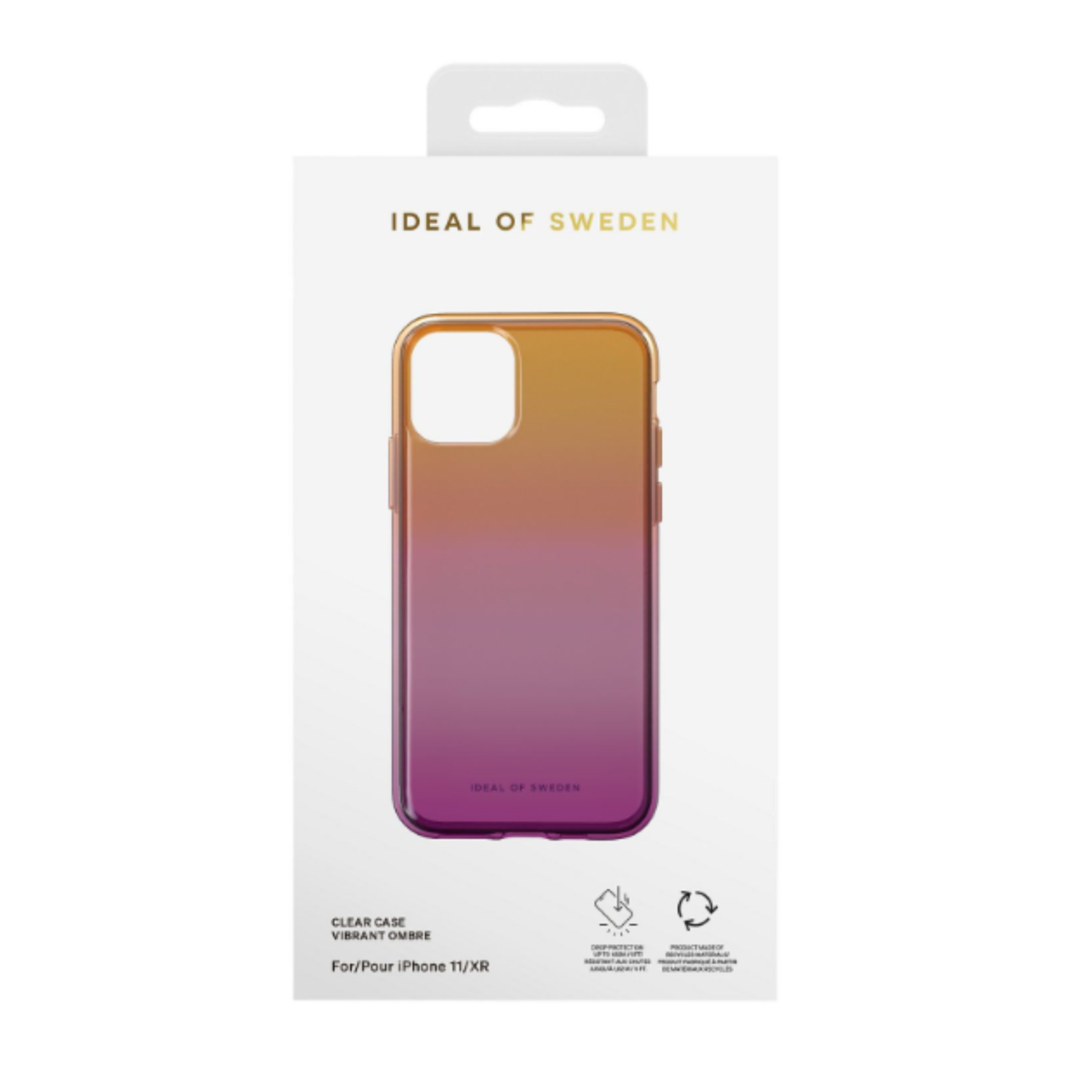 Een telefoonhoesje doos met een gradiënt roze naar oranje design.