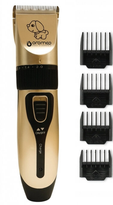 Złota maszynka do strzyżenia zwierząt z nasadkami. Posiada włącznik/wyłącznik i wskaźnik ładowania. Ikona psa.