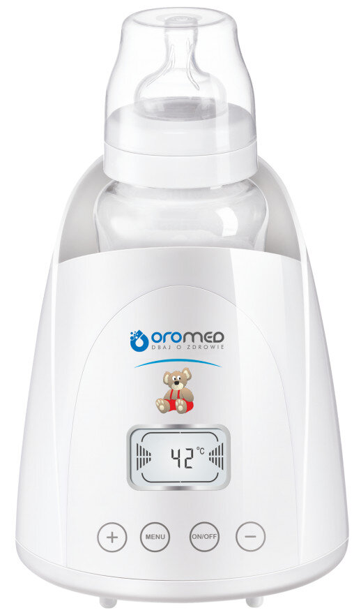 Biała podgrzewacz do butelek z butelką w środku, wyświetlacz 42°C.