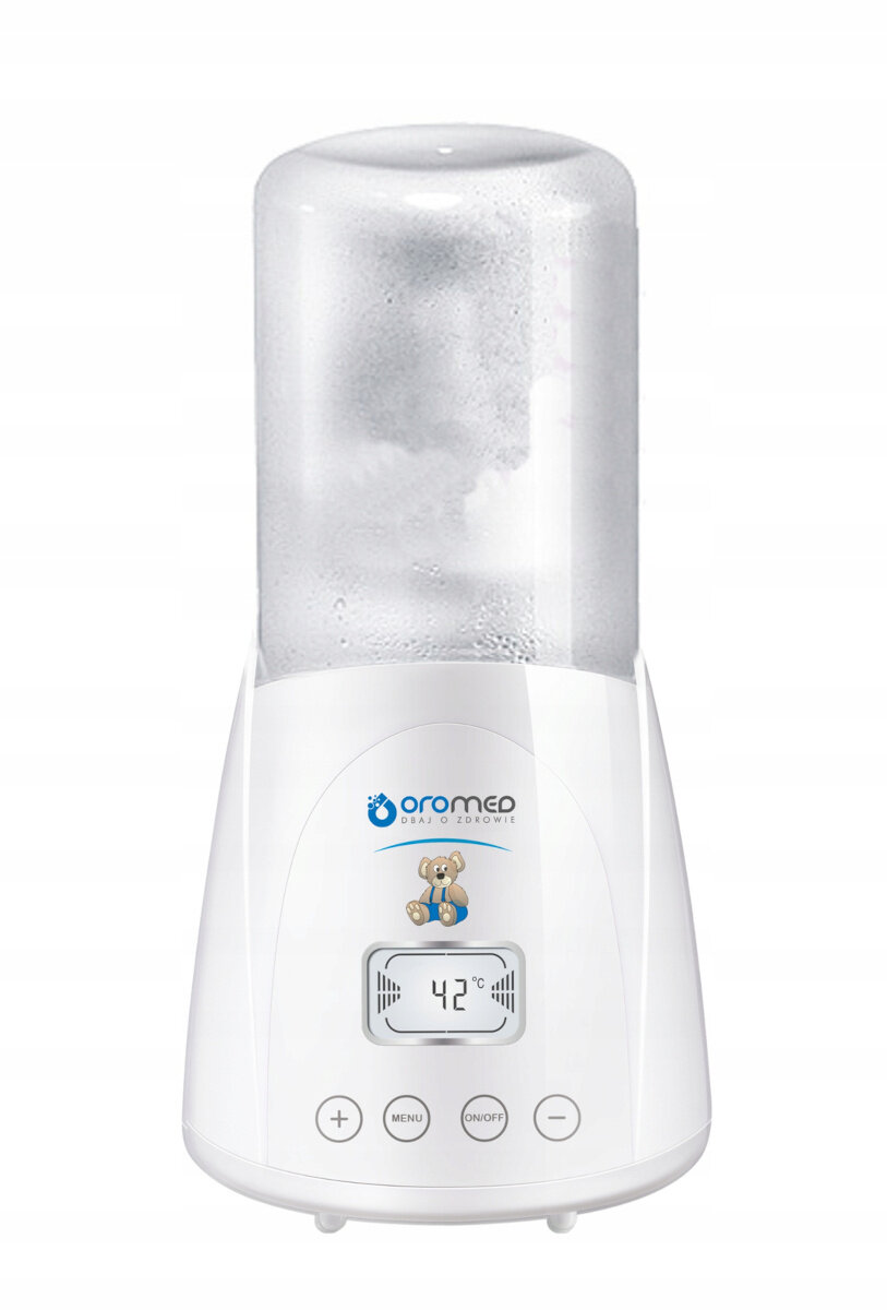 Biały sterylizator do butelek dla niemowląt z cyfrowym wyświetlaczem.