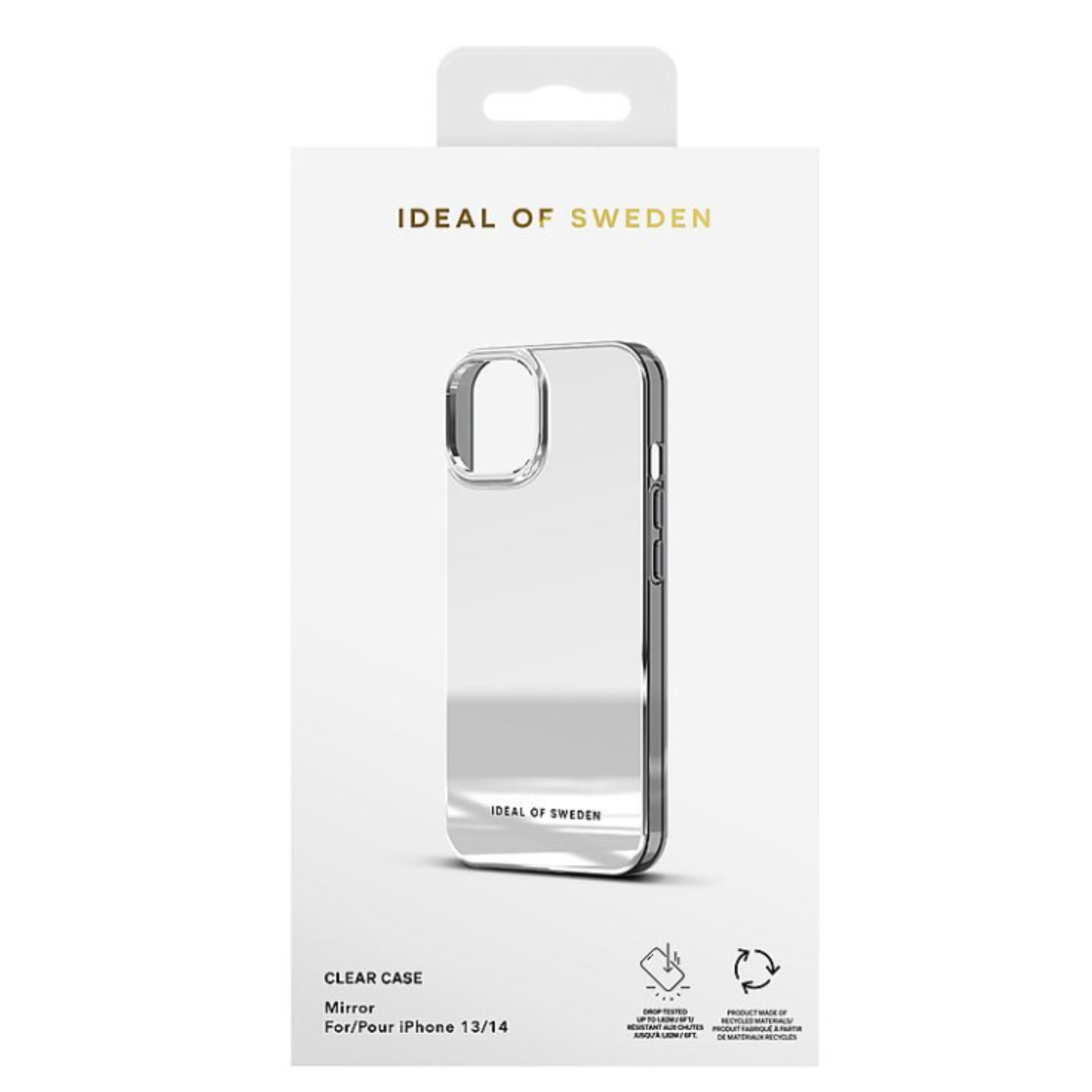 Coque transparente pour iPhone dans une boîte blanche.