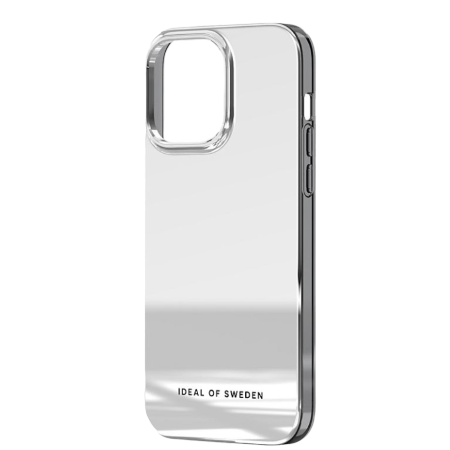 Coque iPhone argentée avec finition brillante, affichant le logo Ideal of Sweden.