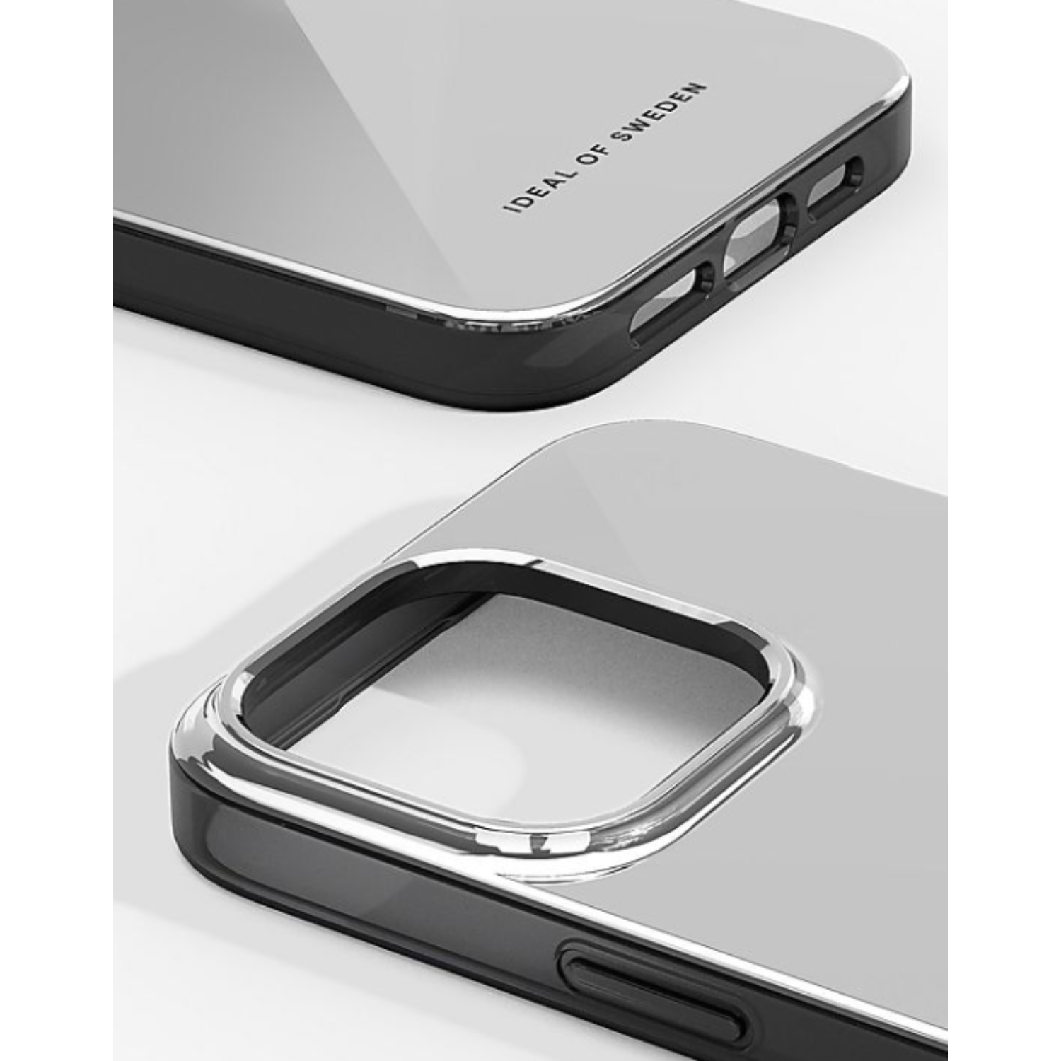 Gros plan sur la coque du téléphone. Les parties supérieure et inférieure sont visibles. La coque est transparente avec une bordure noire.