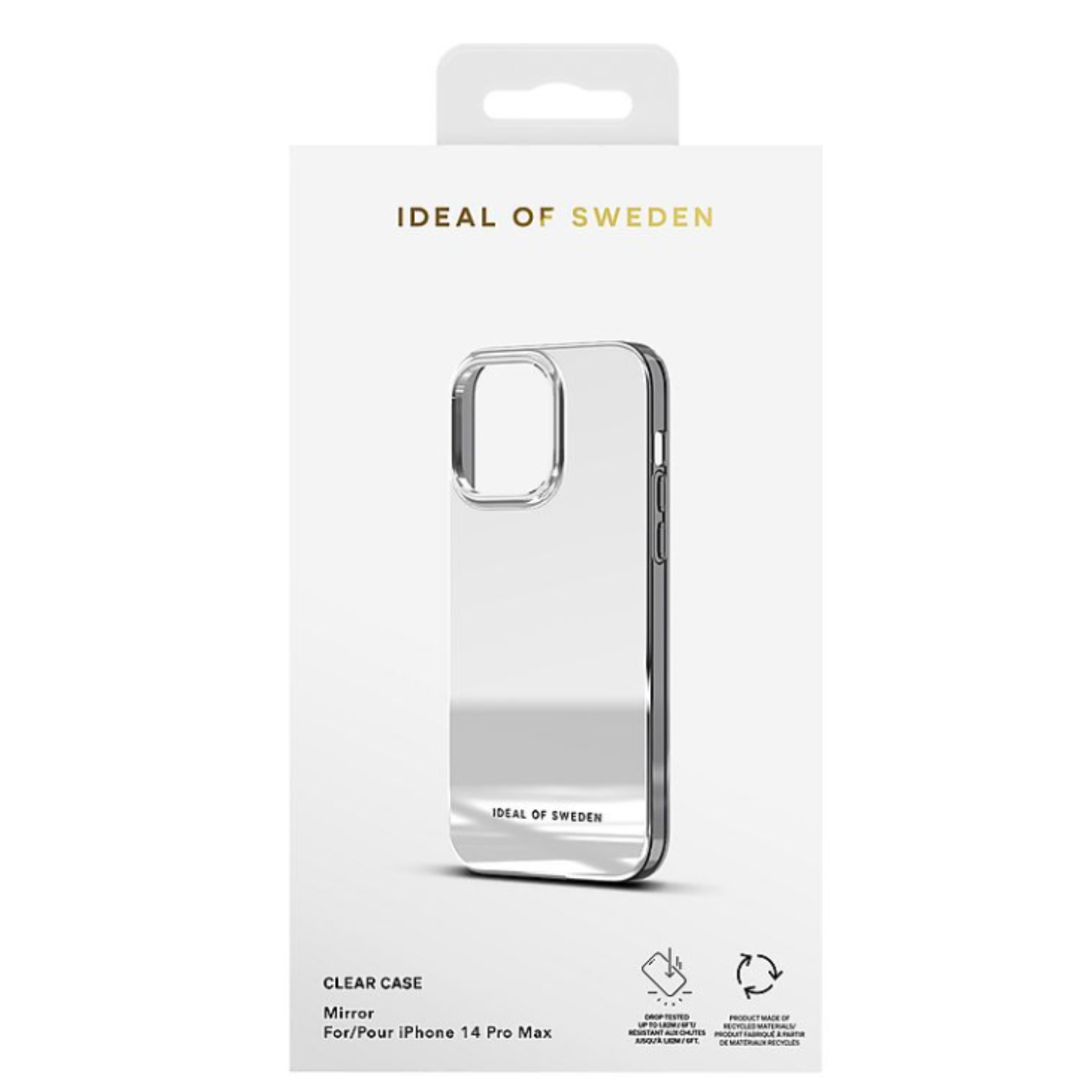 Coque de téléphone miroir transparente dans une boîte blanche. Marque Ideal of Sweden visible.