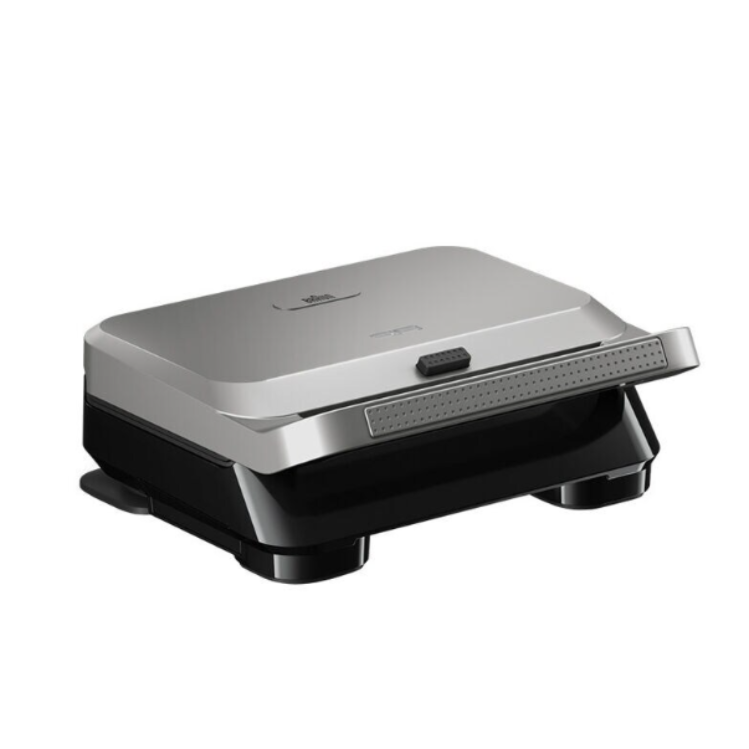 A silver and black Braun sandwich maker on a white background.