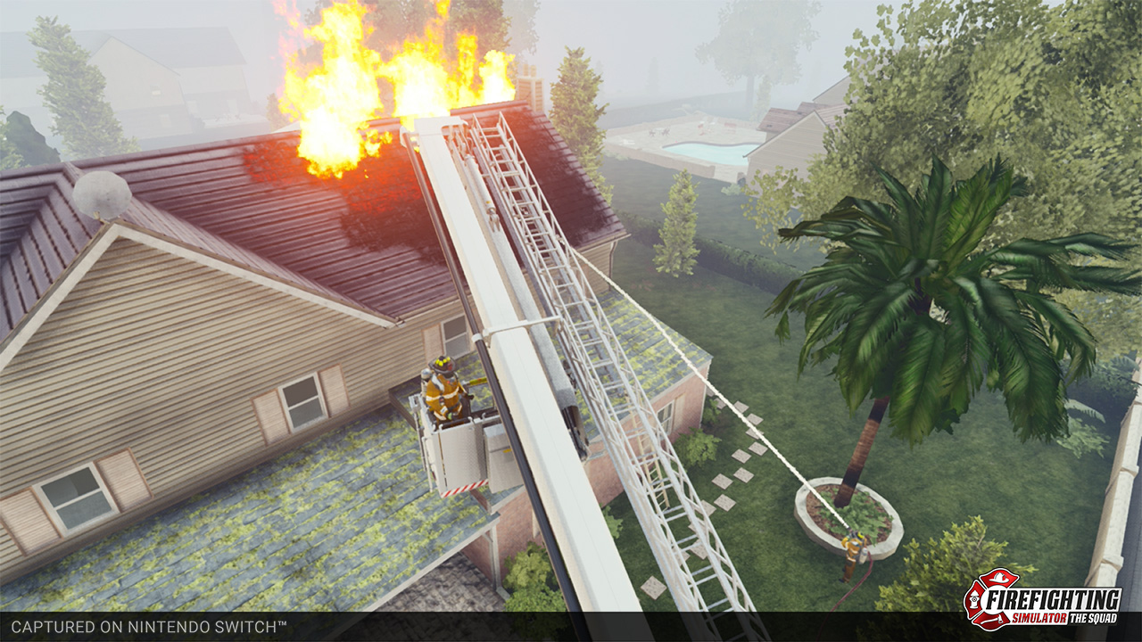 Feuerwehrleute auf einer Leiter an einem brennenden Hausdach. Palme im Hintergrund.