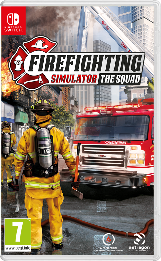Firefighting Simulator Spielhülle. Ein Feuerwehrmann steht vor einem Feuerwehrauto. Das Spiel-Logo ist oben mittig.