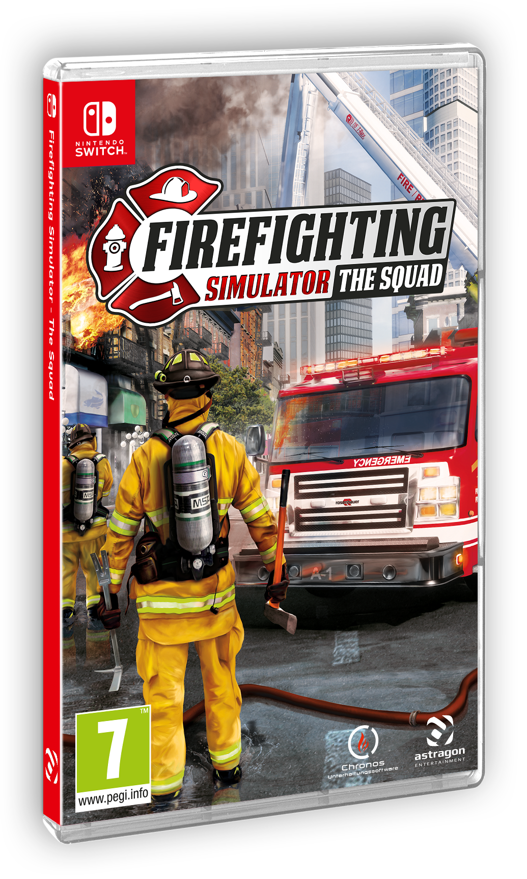 Spielbox von Firefighting Simulator: The Squad, zeigt Feuerwehrmann im gelben Anzug.