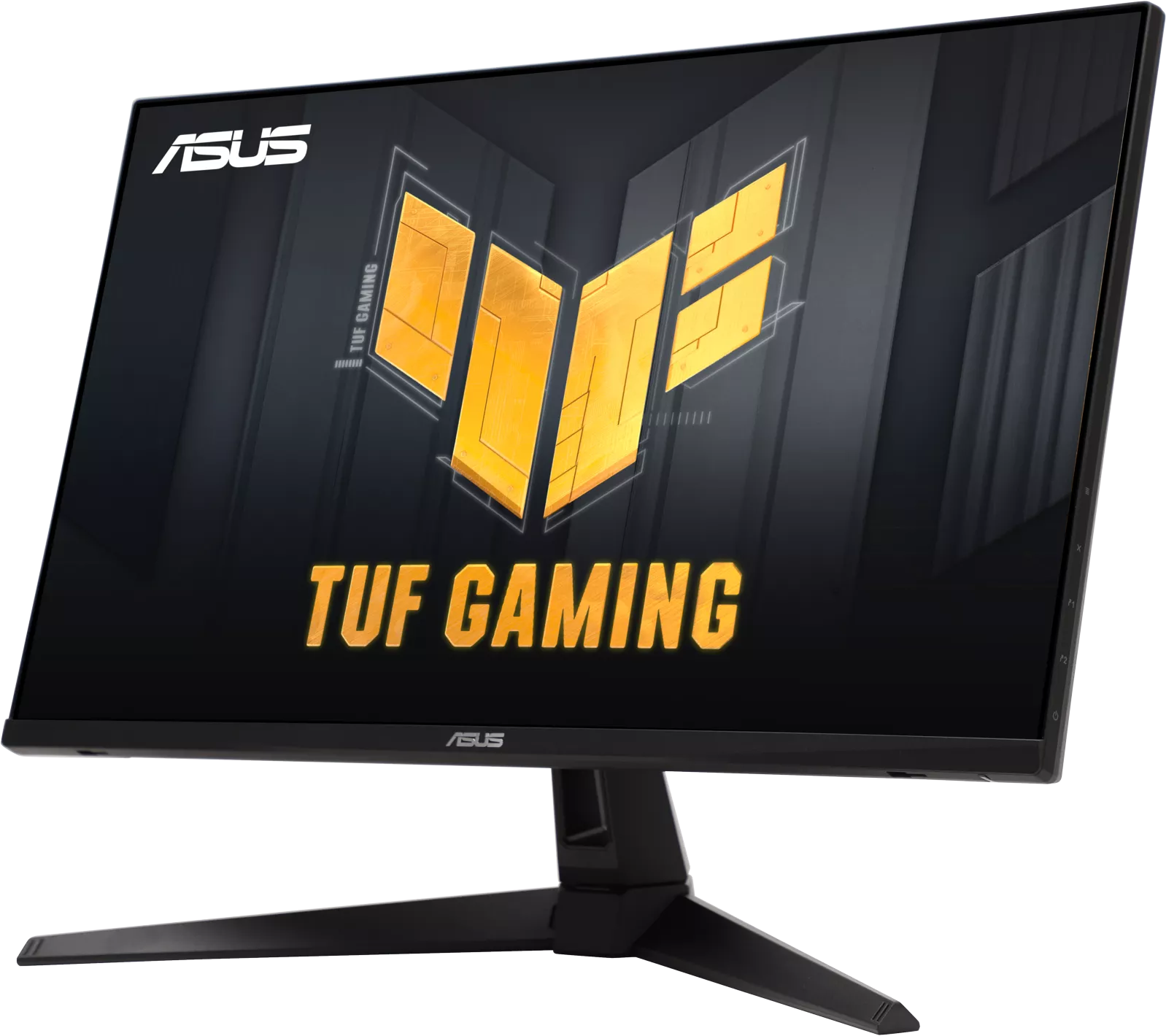 Fekete ASUS TUF Gaming monitor, stilizált sárga-fekete logóval és a TUF GAMING felirattal.