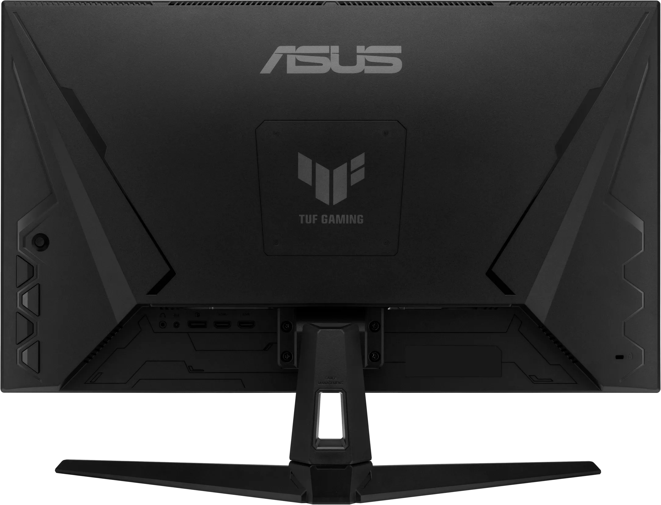 Egy fekete ASUS TUF Gaming monitor hátulja. Logók, portok és állvány látható.
