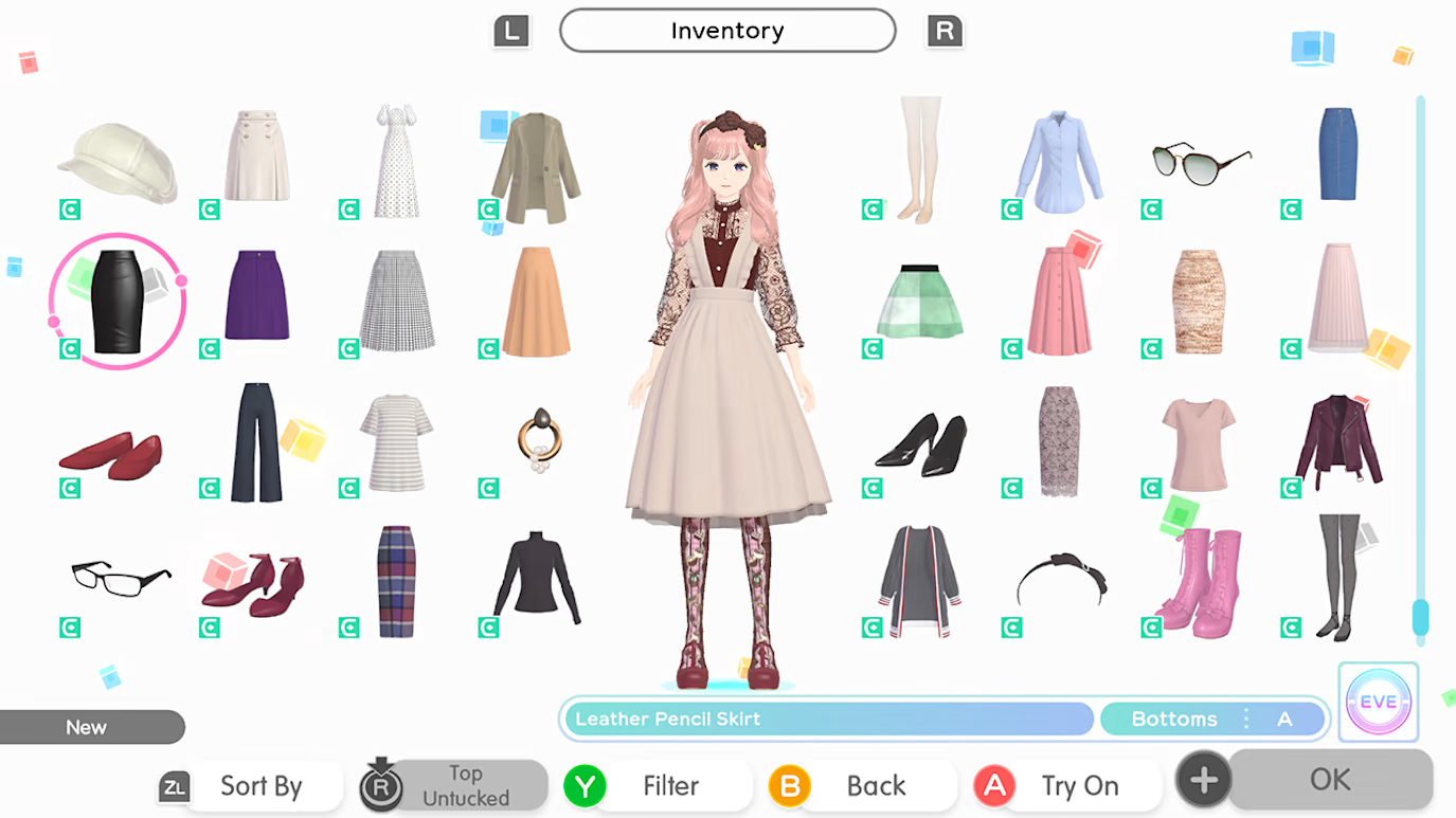 Interface de jeu avec un personnage en robe et une liste de vêtements. C'est un jeu.