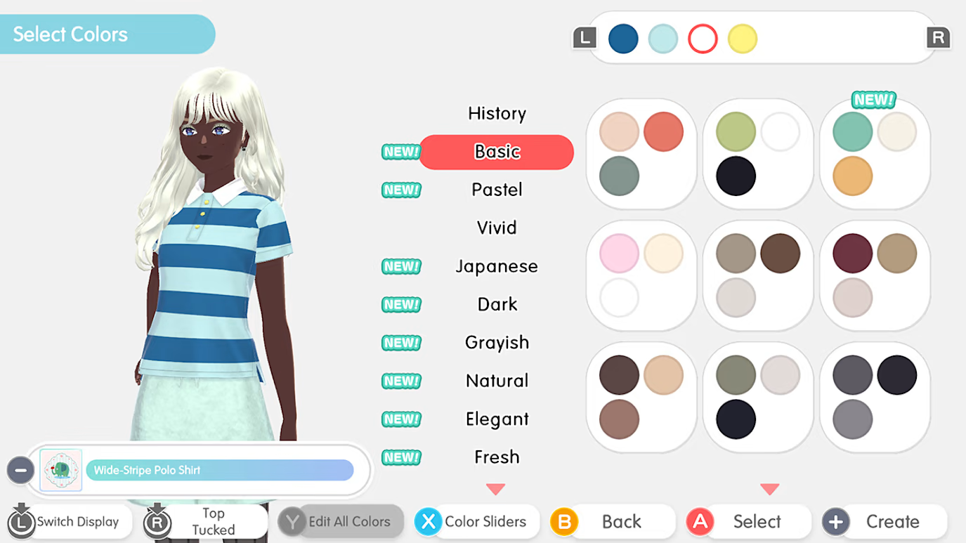 Interface de création de personnage, femme aux cheveux blonds, chemise rayée bleu et blanc.