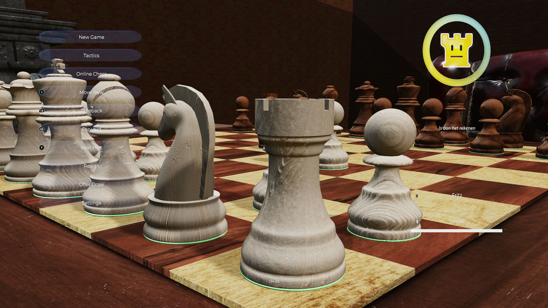 Une interface de jeu d'échecs avec des pièces d'échecs disposées sur un échiquier en bois, avec un menu à gauche.