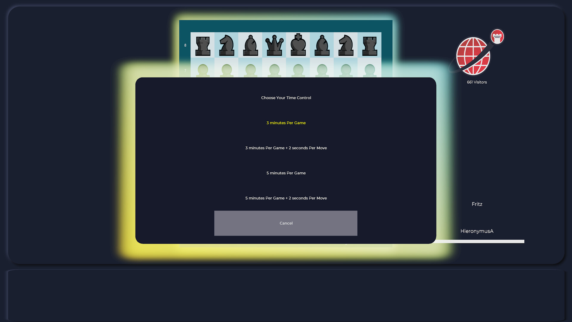 Une interface de jeu d'échecs. Elle affiche un échiquier, des options de contrôle du temps et un logo.