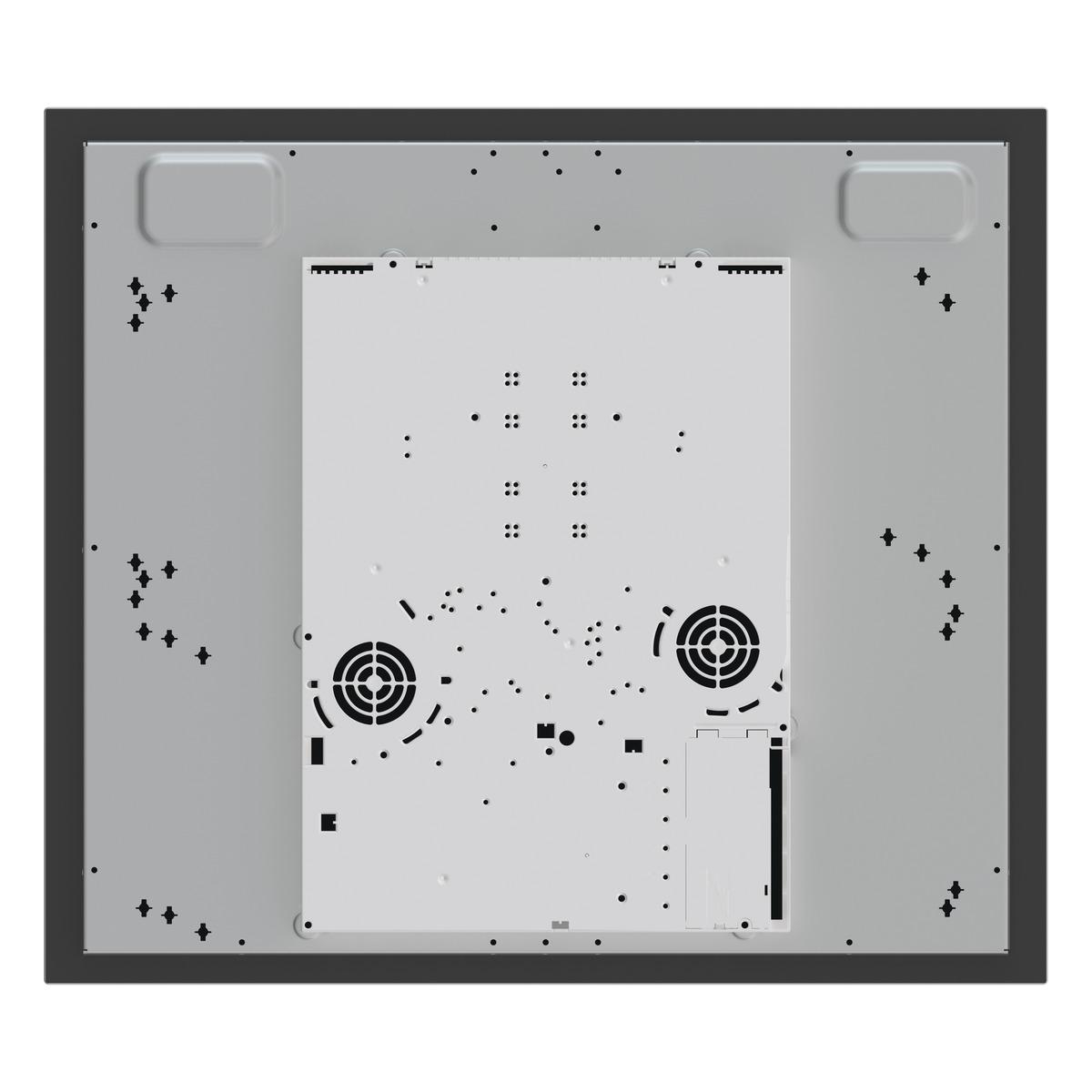 Unterseite eines schwarzen Induktionskochfelds. Enthält elektronische Komponenten.