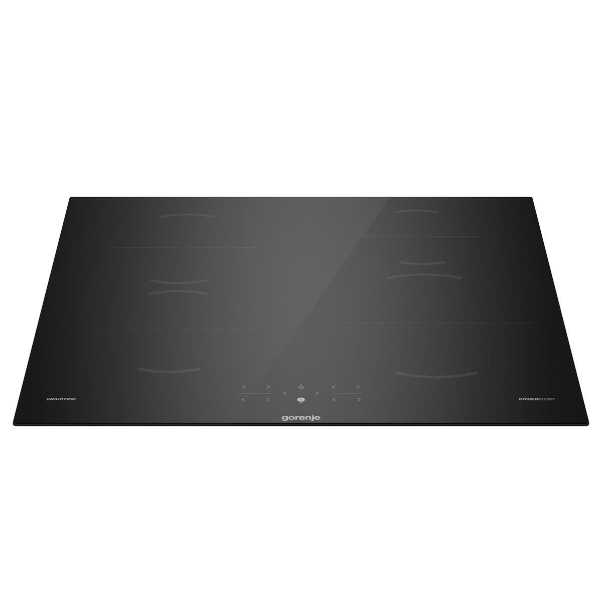 Schwarzes Induktionskochfeld, vier Kochfelder, mit Touch-Bedienelementen, auf weißem Hintergrund. Marke Gorenje.