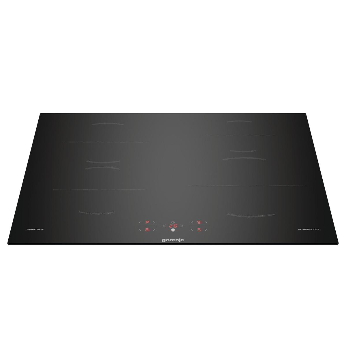Schwarzes Induktionskochfeld. PowerBoost- und Induktionsbeschriftungen und digitale Einstellungen.