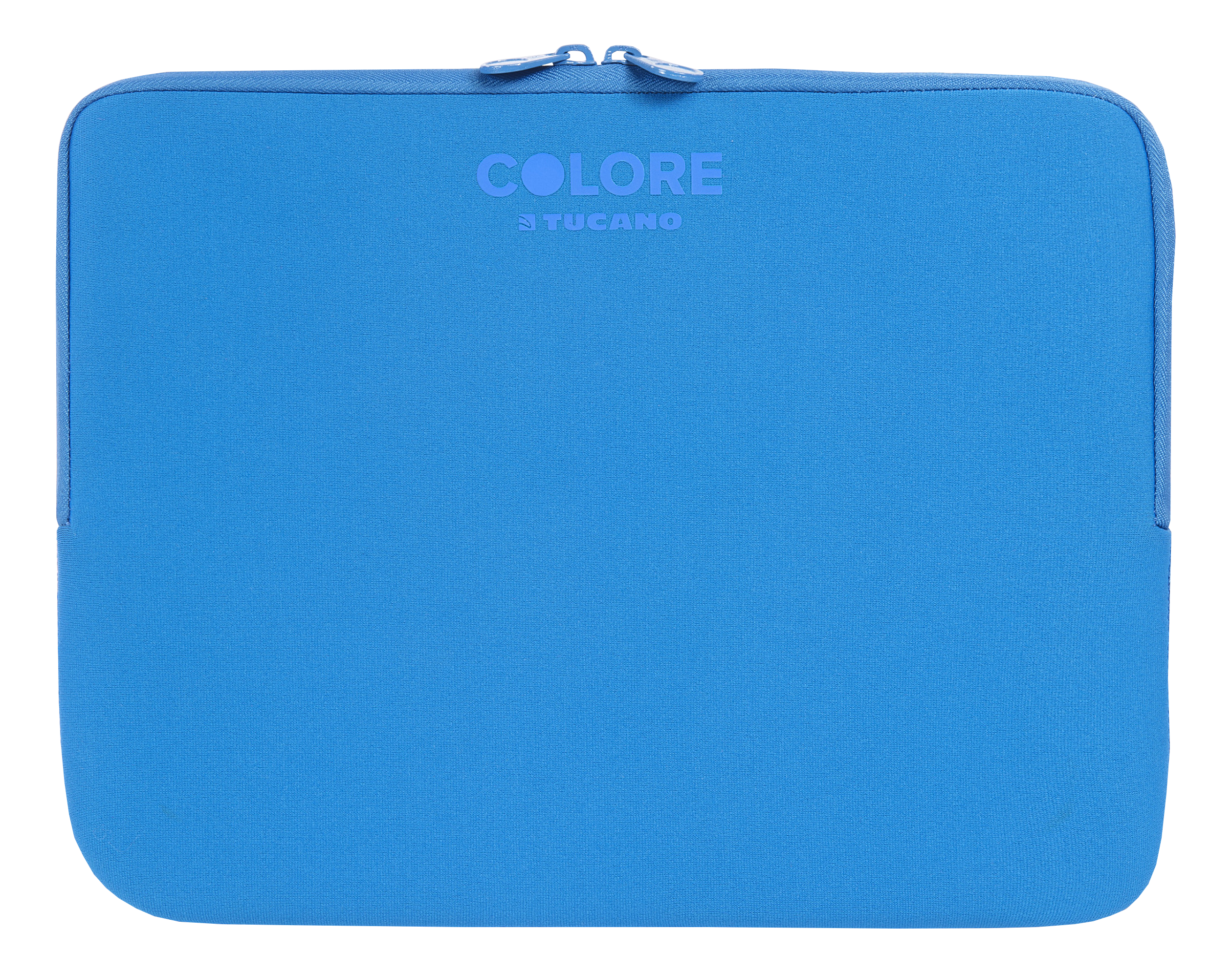 Blaue Laptoptasche mit Reißverschluss. Es steht 'COLORE' und 'TUCANO' darauf.