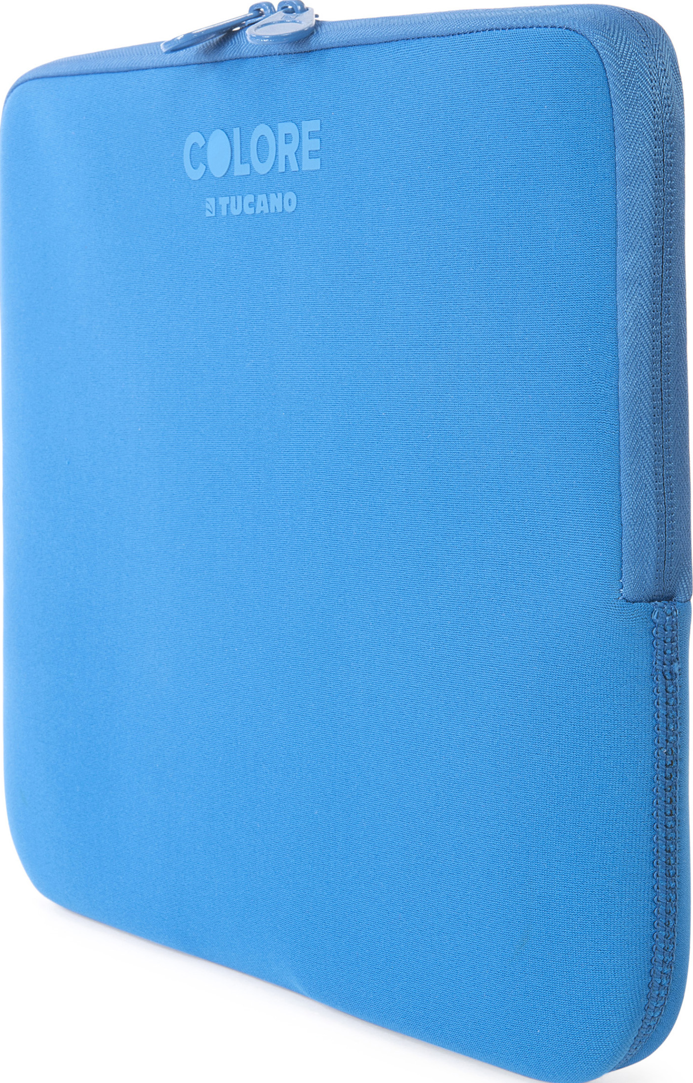 Blaue Laptoptasche mit Reißverschluss und dem Aufdruck 'COLORE'.