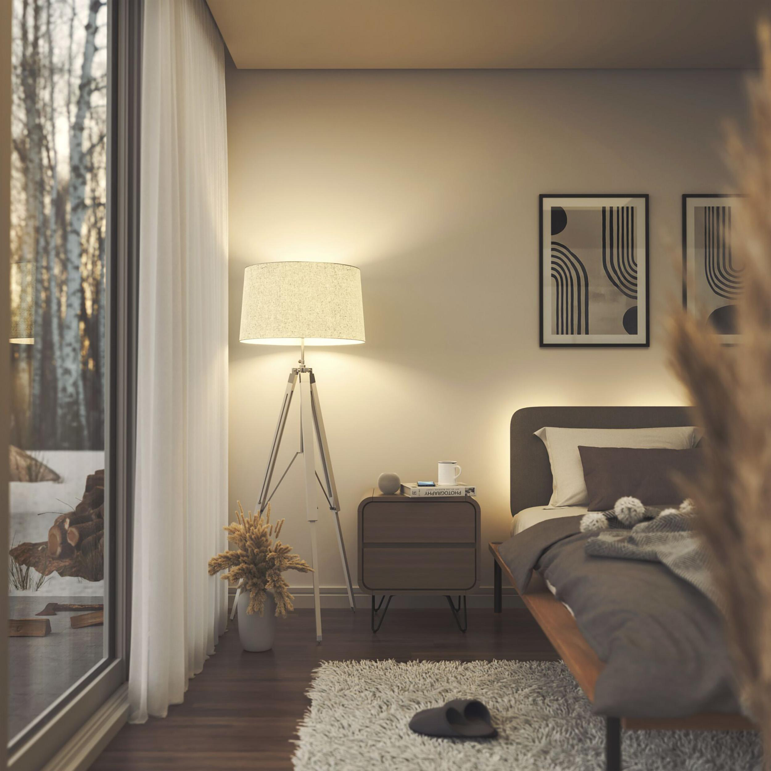 Schlafzimmer-Interieur mit Bett, Lampe und Nachttisch. Fenster mit Winteransicht.