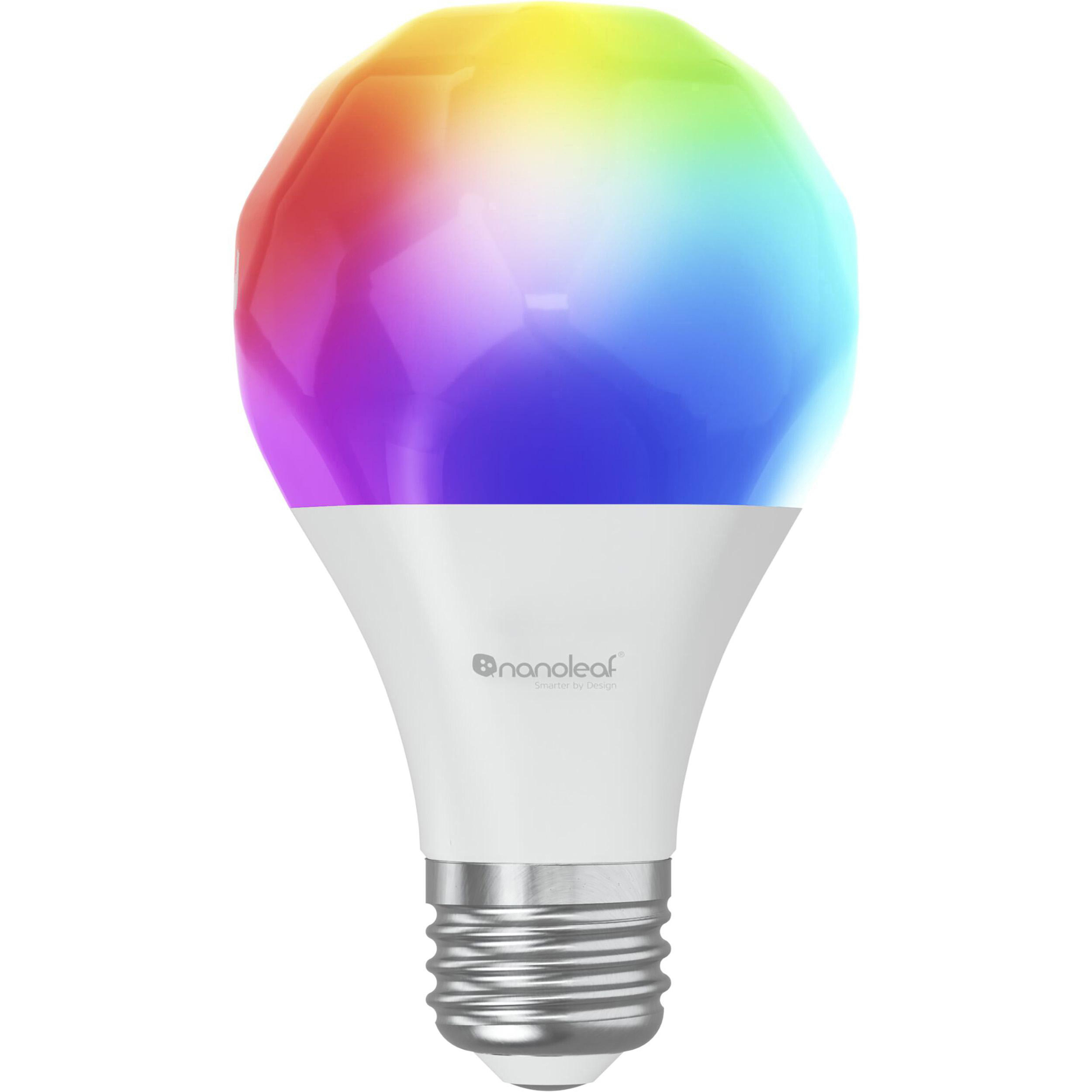 Eine weiße Nanoleaf Smart-Glühbirne. Die Glühbirne leuchtet in Regenbogenfarben.
