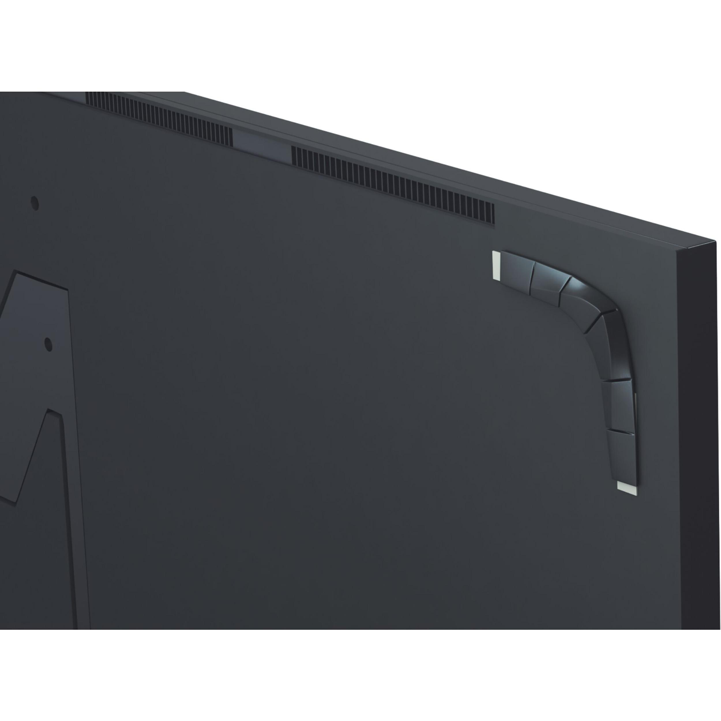 Nahaufnahme der Rückseite eines schwarzen Monitors mit Design an der Seite und weißem Hintergrund.