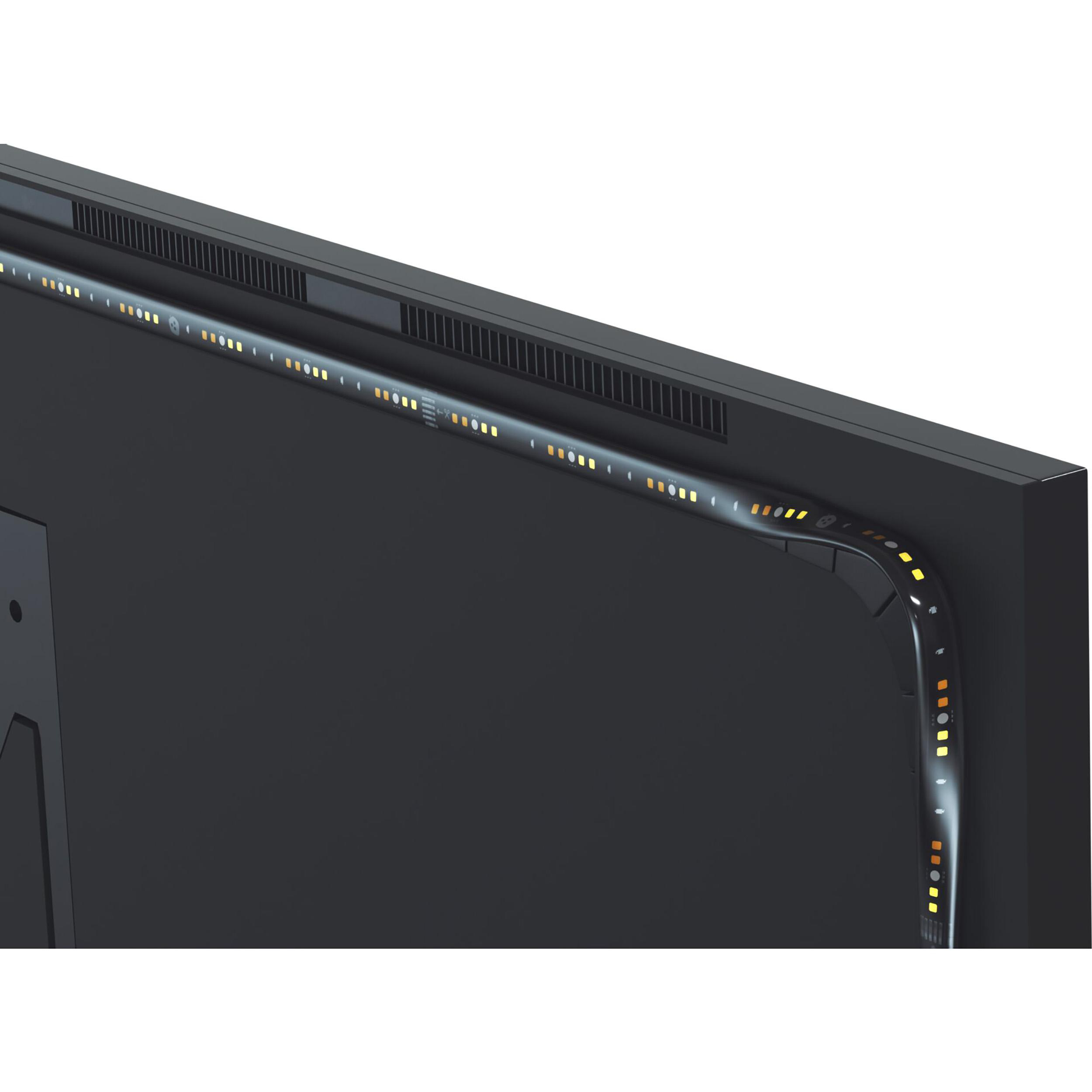 LED-Lichtleiste an der Rückseite eines schwarzen Monitors befestigt. Weißer Hintergrund.